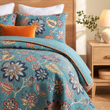 Teal Autumn Bloom Quilted 3-Piece Bedding Set