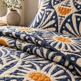 H.PAI Navy Sunburst Botanical Quilted 3-Piece Bedding Set