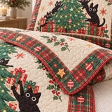 Playful Black Cats Christmas Tree Quilted 3-Piece Bedding Set