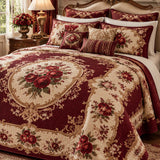 Vintage Burgundy Rose Baroque Quilted 3-Piece Bedding Set