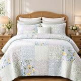 Pastel Botanical Patchwork Quilted 3-Piece Bedding Set