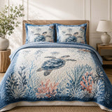H.PAI Ocean Turtle Coral Reef Coastal Quilted 3-Piece Bedding Set