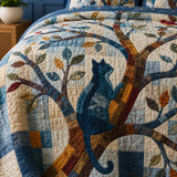 H.PAI Woodland Tree & Cat Quilted 3-Piece Bedding Set – Vintage Cottage Garden Quilted Bedding With Matching Pillow Shams
