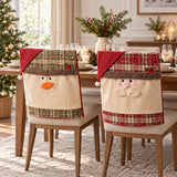 Santa Snowman Christmas Chair Back Protector, Plaid Xmas Dining Chair Slipcover with Santa Hat