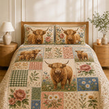 H.PAI Highland Cow Floral Patchwork Quilted 3-Piece Bedding Set