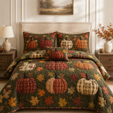 H.PAI Plaid Pumpkin Autumn Harvest Quilted 3-Piece Bedding Set