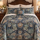 Vintage Blue Persian Floral Quilted 3-Piece Bedding Set
