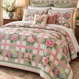 Pink Rose & Hydrangea Garden Quilted 3-Piece Bedding Set