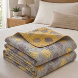 Vintage Golden Yellow Gray Autumn Leaf Jacquard Quilted Throw Three‑Layer Gauze Cotton Blanket