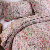 Soft Pink Country Botanical Floral Print Quilted 3‑Piece Bedding Set
