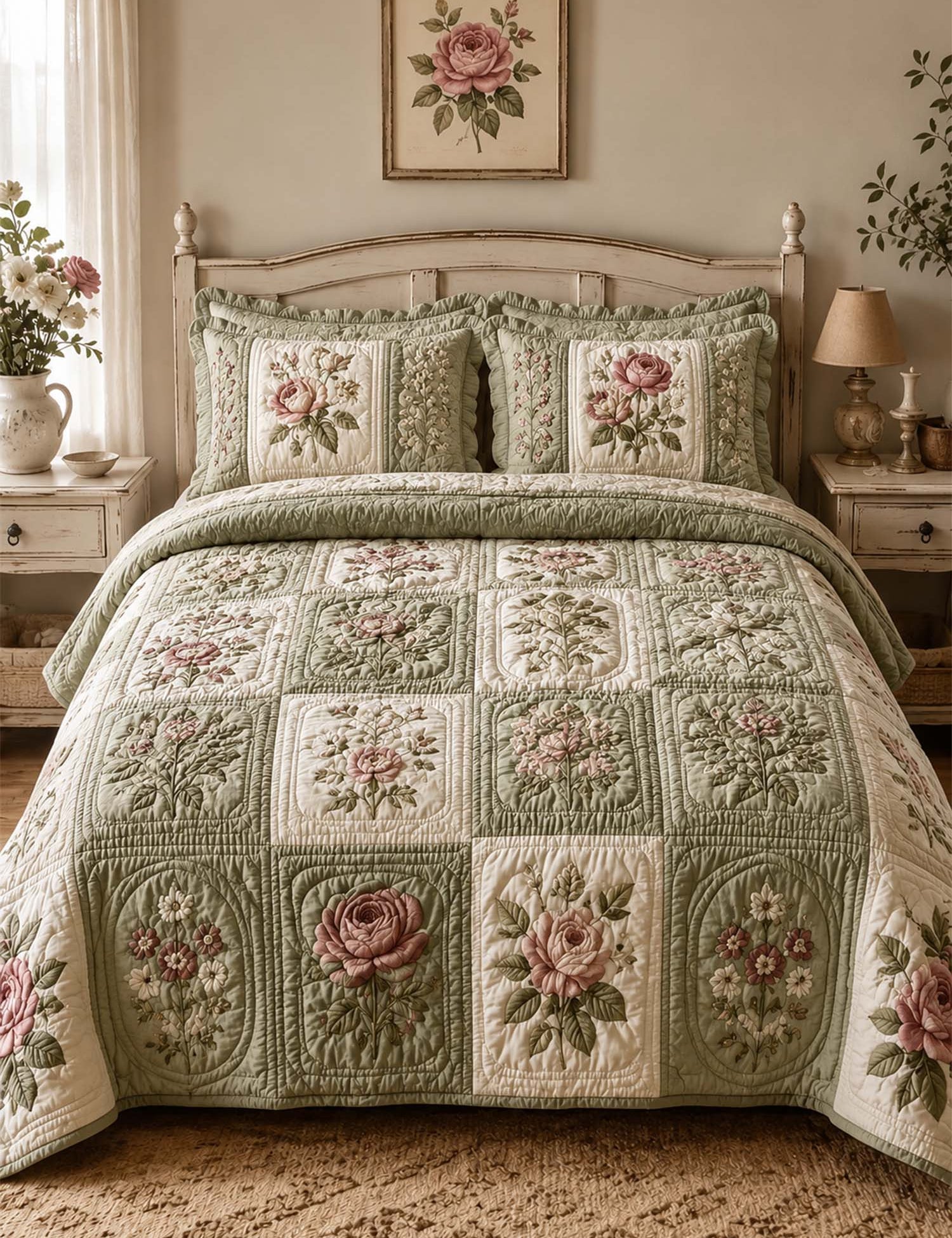 Vintage Rose Floral Quilted 3-Piece Bedding Set