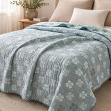 Vintage Blue Floral Jacquard Quilted Throw Three‑Layer Gauze Cotton Blanket