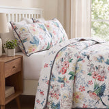 Vintage Bird Floral Garden Print Quilted 3‑Piece Bedding Set