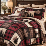 Burgundy Bear & Deer Plaid Woodland Quilted 3-Piece Bedding Set