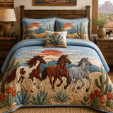 H.PAI Desert Horse Landscape Quilted 3-Piece Bedding Set – Western Inspired Quilted Bedding with Matching Pillow Shams