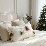 Cream Christmas Tree Bell Fringed Lumbar Pillow Cover