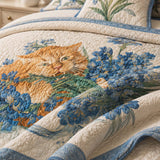 H.PAI Orange Cat Blue Blossom Quilted 3-Piece Bedding Set