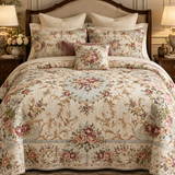 Vintage Botanical Rose Floral Quilted 3-Piece Bedding Set