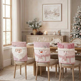 Pink Christmas Chair Back Covers, Reindeer Santa Snowman Xmas Dining Chair Slipcovers