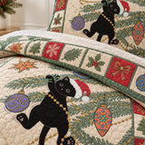 Festive Black Cat Christmas Quilted 3-Piece Bedding Set