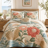H.PAI Coastal Floral Quilted 3-Piece Bedding Set – Luxury Quilted Bedding with Matching Pillow Shams