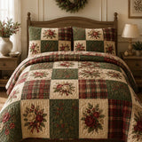 Christmas Rose Patchwork Quilted 3-Piece Bedding Set