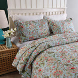Light Blue Country Garden Floral Print Quilted 3‑Piece Bedding Set