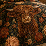 H.PAI Highland Cow Wildflower Garden Quilted 3-Piece Bedding Set