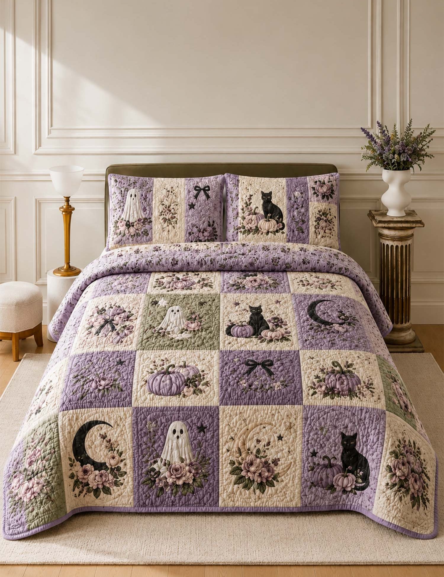 H.PAI Pumpkin Cat Ghost Garden Quilted 3-Piece Bedding Set