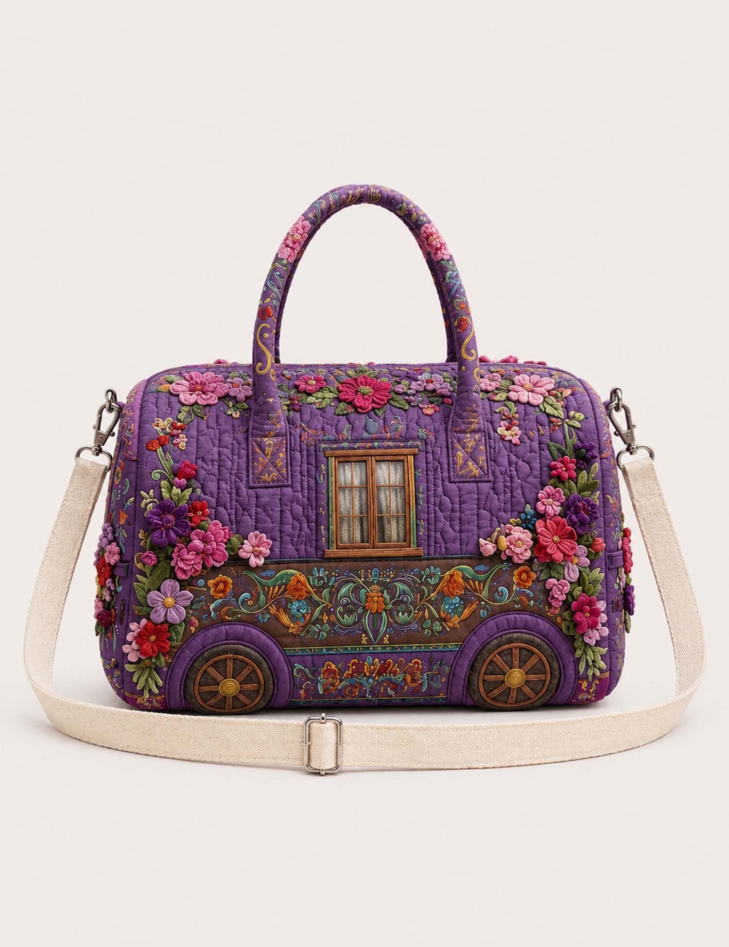 H.PAI Women's Quilted Duffle Bag - Retro Floral Camper Van Travel Overnight Bag