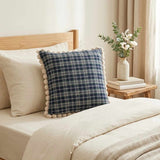 Navy Green Plaid Pom Pom Throw Pillow Cover