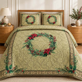 Poinsettia Christmas Wreath Quilted 3-Piece Bedding Set