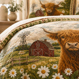 H.PAI Highland Cow Farmhouse Daisy Quilted 3-Piece Bedding Set