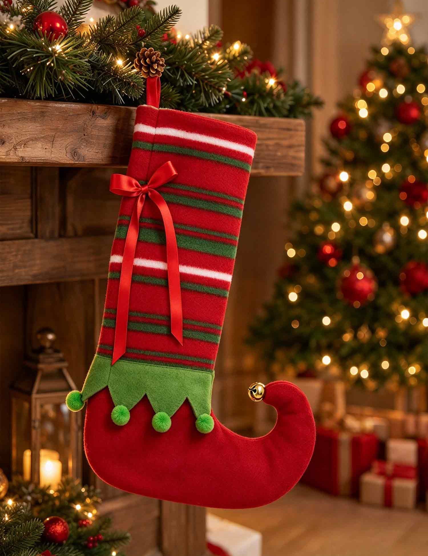 Elf Christmas Stocking, Striped Xmas Hanging Stocking