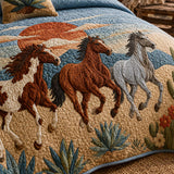H.PAI Desert Horse Landscape Quilted 3-Piece Bedding Set – Western Inspired Quilted Bedding with Matching Pillow Shams
