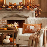 Orange Pumpkin Embroidered Lumbar Pillow Cover