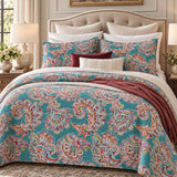 Teal Paisley Floral 100% Cotton Quilted 3-Piece Bedding Set
