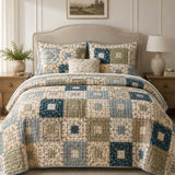 H.PAI Vintage Log Cabin Patchwork Quilted 3-Piece Bedding Set