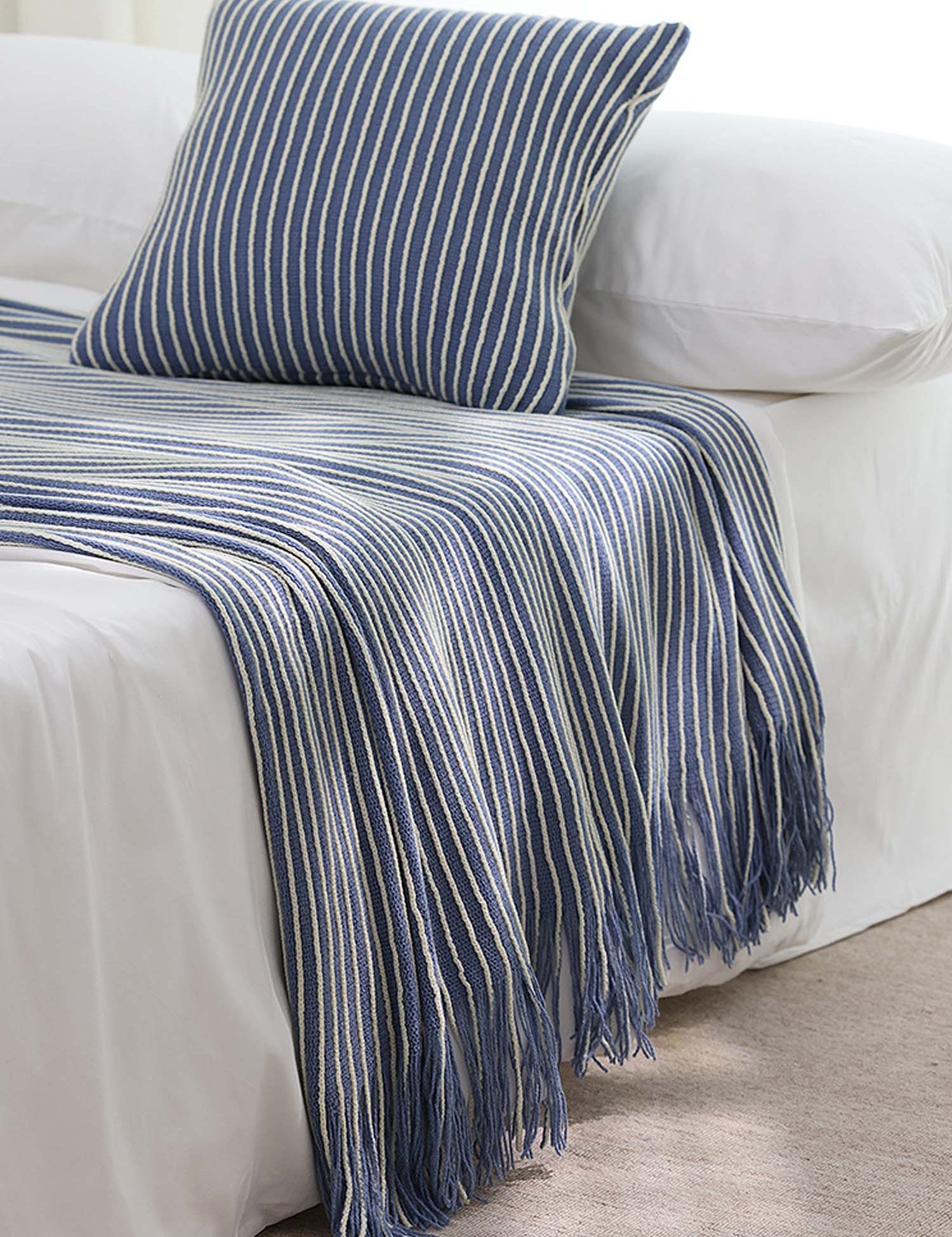 Classic Stripe Knitted Throw Blanket & Pillow Cover Set