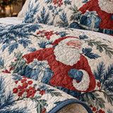 Vintage Blue Santa Christmas Quilted 3-Piece Bedding Set
