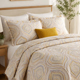 Yellow Grey Geometric Ogee Pattern Quilted 3‑Piece Bedding Set