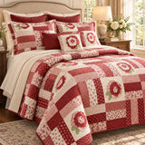 Red Rose Country Patchwork Quilted 3-Piece Bedding Set