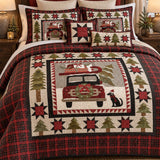 Vintage Christmas Red Truck & Black Cat Plaid Quilted 3-Piece Bedding Set