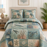 Sea Turtle Quilted 3-Piece Bedding Set – Classic Americana Quilted Bedding With Matching Pillow Shams