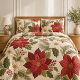 Poinsettia Botanical Christmas Quilted 3-Piece Bedding Set