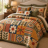 Retro Floral Geometric Patchwork Quilted 3-Piece Bedding Set