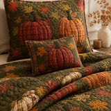 H.PAI Plaid Pumpkin Autumn Harvest Quilted 3-Piece Bedding Set