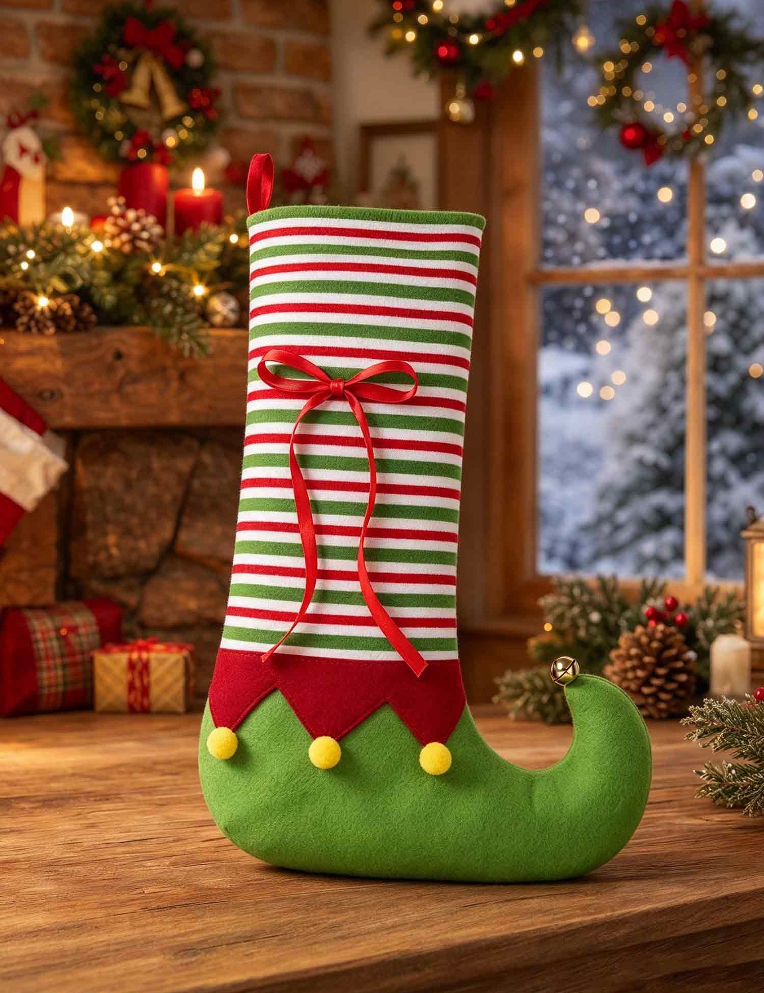 Elf Christmas Stocking, Striped Xmas Hanging Stocking