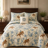 H.PAI Western Floral Horse Quilted 3-Piece Bedding Set – Luxury Quilted Bedding with Matching Pillow Shams