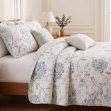 Light Blue Hydrangea Floral Print Quilted 3‑Piece Bedding Set